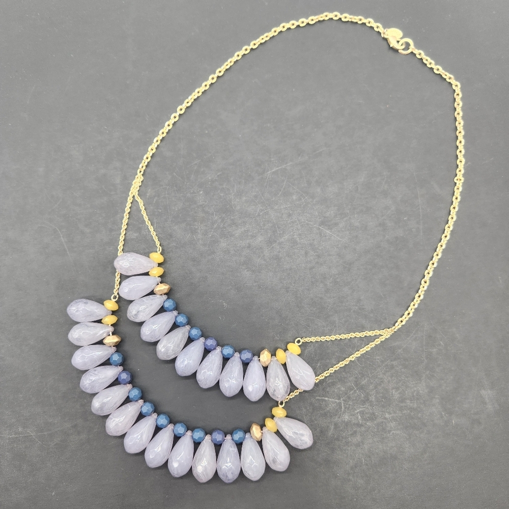 Ice blue drops beaded necklace women's layers statement glass boho jewelry clean
